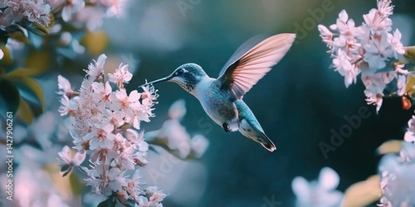 Fototapeta A hummingbird hovering near a blooming flower, sipping nectar.