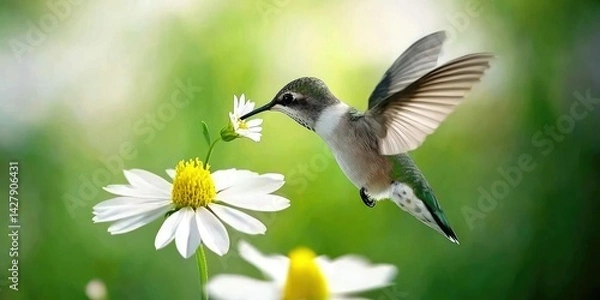 Fototapeta A hummingbird hovering near a blooming flower, sipping nectar.