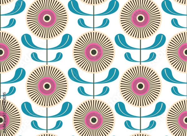 Fototapeta beige retro burst geometric round blooms flowers seamless pattern,vector illustration repeat design