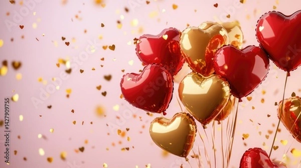 Fototapeta A festive arrangement of red and gold heart-shaped balloons with ribbons