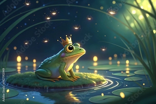 Fototapeta Regal Frog Prince in Enchanted Pond Fantasy 3D Render of a Crowned Amphibian Surrounded by Firefly