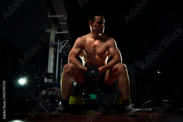 Obraz bodybuilder doing heavy weight exercise for biceps with dumbbell. concept of sports and training. Muscular man with dumbbells in a dark gym