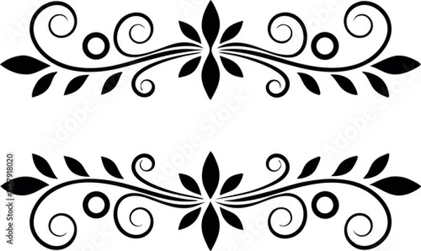 Fototapeta Elegant Flourish: A symmetrical, monochrome design element, featuring swirling lines, delicate leaves, and floral centerpieces. This vector art piece captures the essence of timeless elegance.
