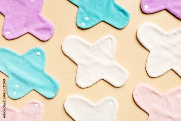 Fototapeta Eco-friendly reusable fabric women's pads. set of colorful bright reusable menstrual pads. zero waste woman periods concept top view with copy space