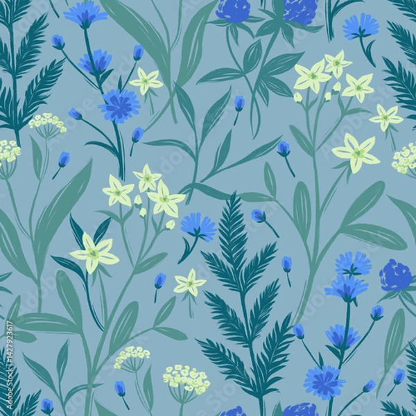 Fototapeta Seamless pattern with meadow flowers yellow and blue Summer mood