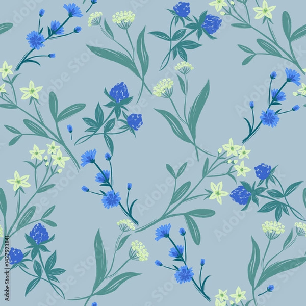 Fototapeta Seamless pattern with meadow flowers yellow and blue Summer mood