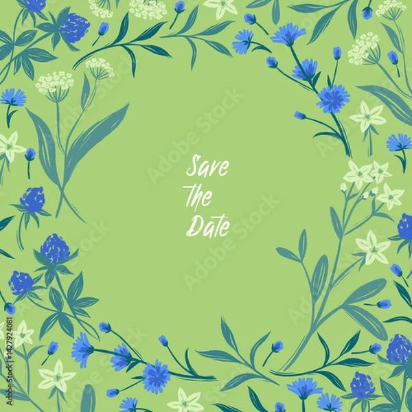 Fototapeta Romantic card or invitation with wild yellow and blue field flowers