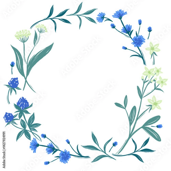 Fototapeta Romantic wreath or frame with wild yellow and blue field flowers