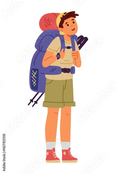 Fototapeta Cute teenage boy standing with backpack and hiking poles flat vector illustration isolated on white. Hiking and tourism for children. Summer outdoors activities.