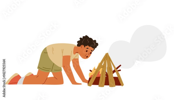Fototapeta Boy on his knees fanning the fire at campsite flat vector illustration isolated on white.