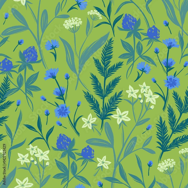 Fototapeta Seamless pattern with meadow flowers yellow and blue Summer mood