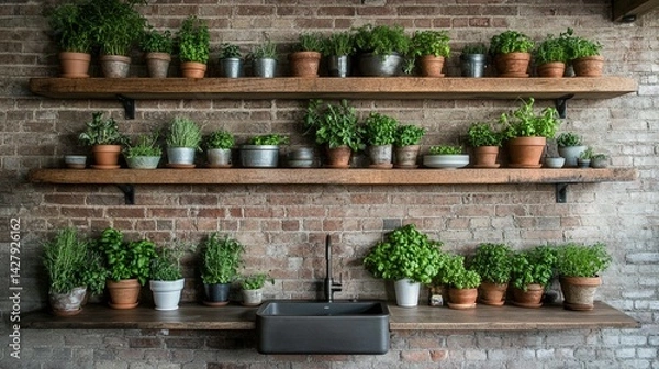 Obraz Kitchen Herb Garden on Rustic Shelves