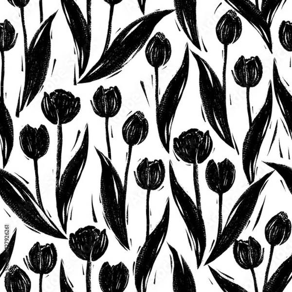 Fototapeta Seamless pattern with tulips in linocut technique with black paint on a white background