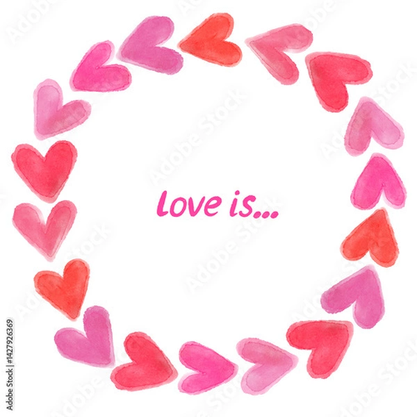 Fototapeta Greeting card with watercolor pink and red hearts on white background