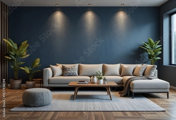 Obraz Cozy home interior with a navy blue wall background, warm ambient lighting, a comfortable beige or gray sectional sofa, wooden coffee table, and a stylish rug on a wooden floor, realistic 3D.