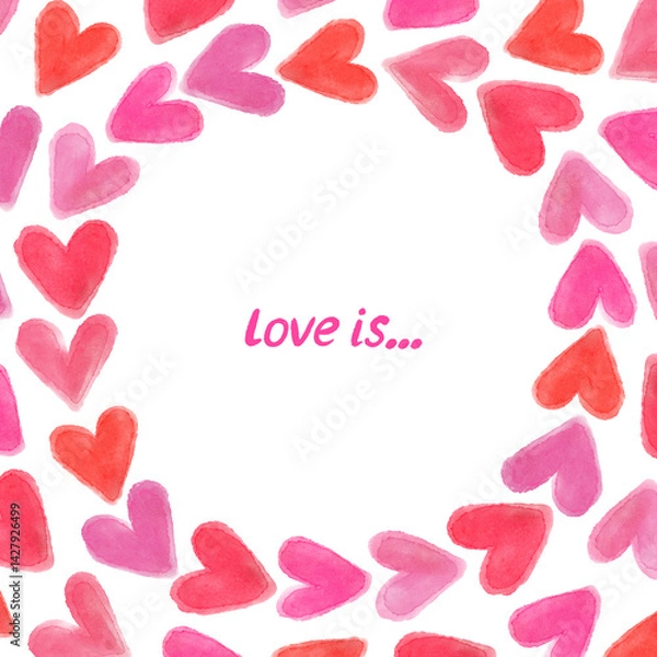 Fototapeta Greeting card with watercolor pink and red hearts on white background