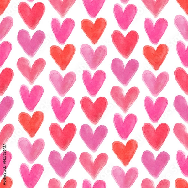 Fototapeta Seamless pattern with watercolor pink and red hearts on a white background