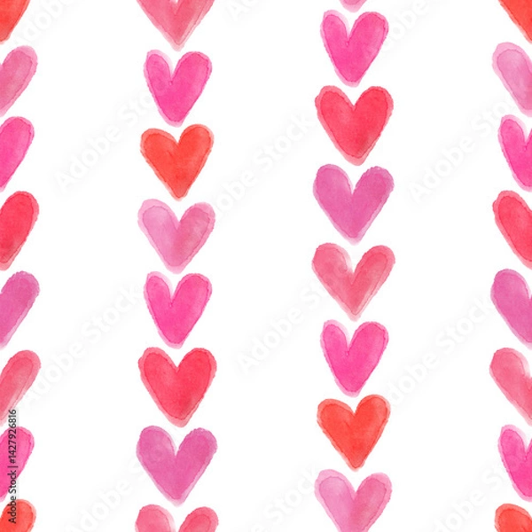 Fototapeta Seamless pattern with watercolor pink and red hearts on a white background