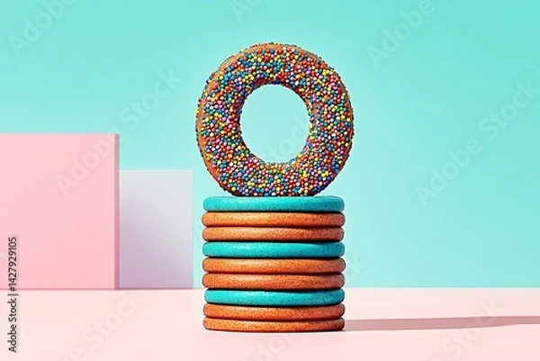Fototapeta Colorful Dessert Tower with Sprinkled Donut and Abstract Geometric Shapes