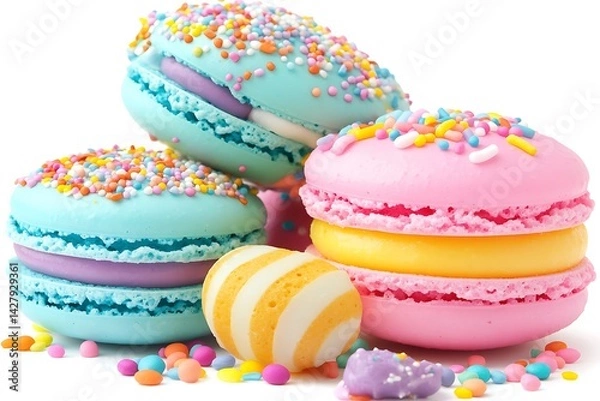 Fototapeta Colorful Stack of Macarons and Sweets Delight on White Surface