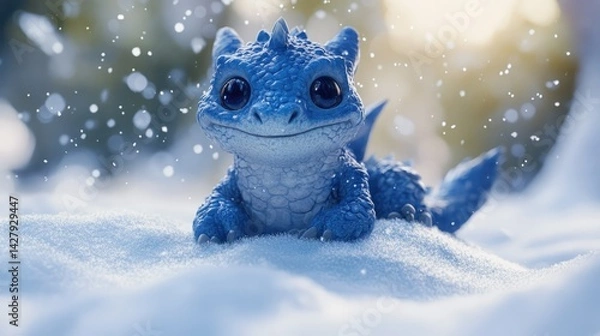 Fototapeta A cute, small, blue dragon with large amber eyes, tiny wings, and red inner ears sits in the snow.