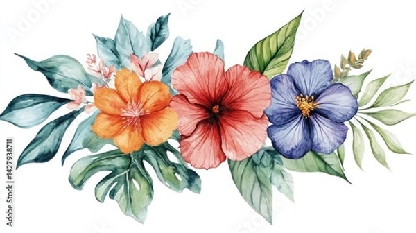 Fototapeta Watercolor composition of various flowers and leaves. -
