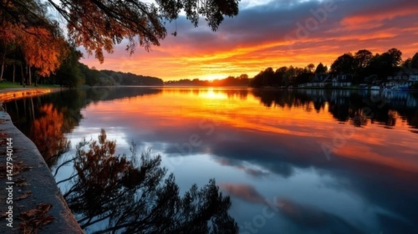 Fototapeta Scenic sunset over calm river with colorful sky reflection, trees, and houses along the shoreline