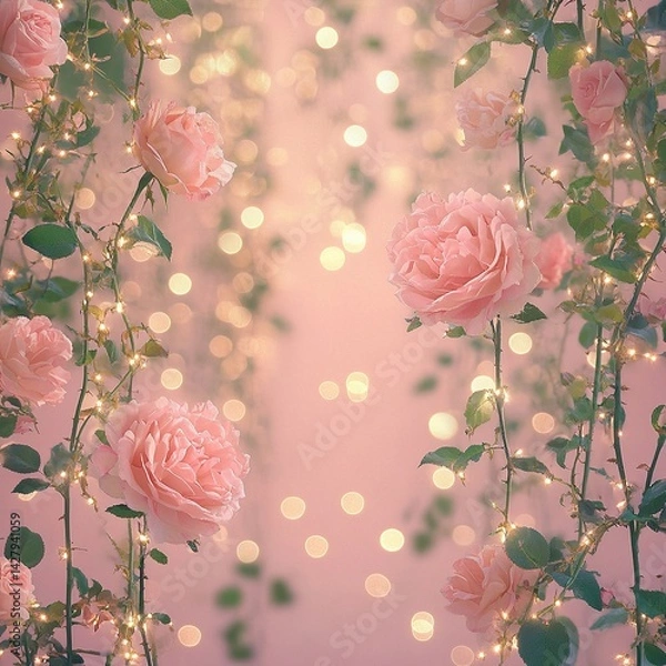 Fototapeta rose garden surrounded by soft lights, on a pastel pink background, image positioned on the right.