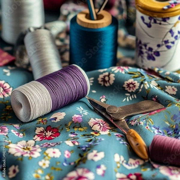 Fototapeta Sewing equipment on fabric surface, seamstress station with crafting tools, textile theme