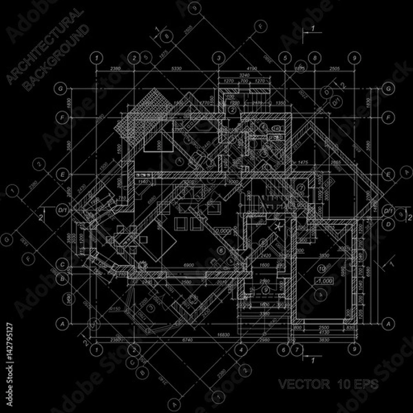 Obraz Detailed architectural plan on black. Vector blueprint. Architectural background.