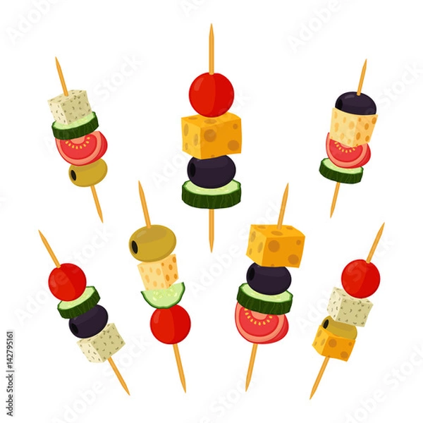 Obraz Canapes, tapas in flat style. Buffet, restaurant food, appetizer, snack.