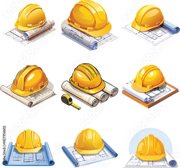 Fototapeta Yellow helmet and project drawings blueprint engineer architecture