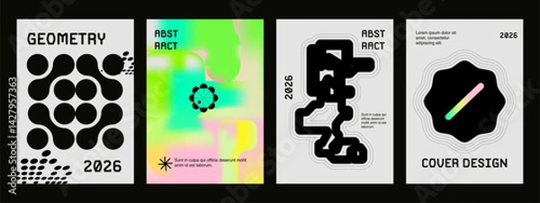 Fototapeta Posters with silhouette minimalistic basic figures, extraordinary graphic assets of geometrical shapes. Modern minimal monochrome print brutalist.