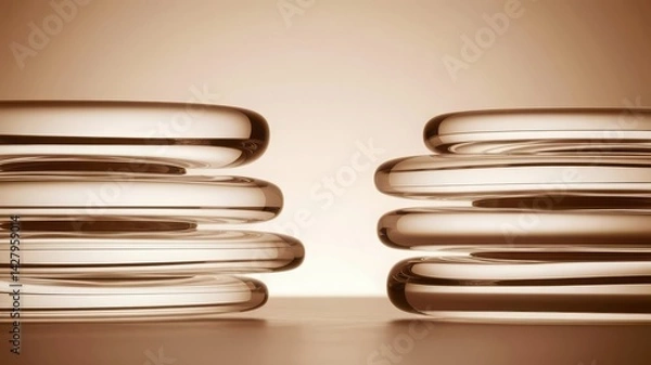 Fototapeta Modern glass art composition featuring transparent circular forms stacked symmetrically, creating a minimalist and futuristic visual aesthetic
