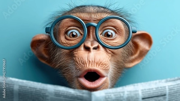 Fototapeta Surprised monkey reading a newspaper with glasses