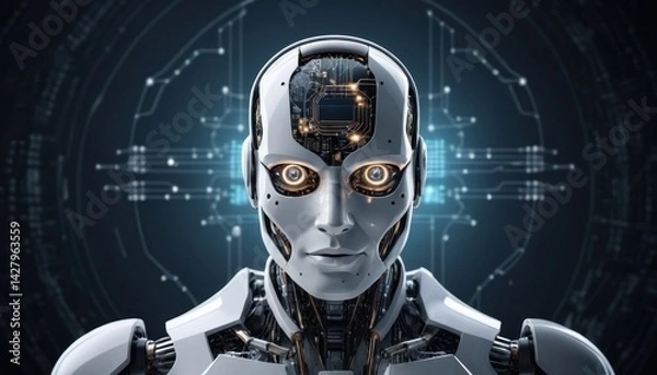 Fototapeta Blue-eyed android robot in a space suit near a futuristic spaceship suggests dark space danger