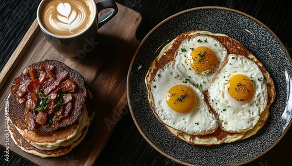 Fototapeta Breakfast with fried eggs bacon pancakes