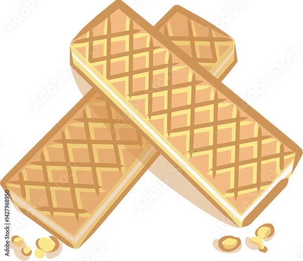 Fototapeta Vector illustration of two crunchy wafer biscuits with creamy layers. Simple and appetizing design, perfect for food packaging, snack branding, menus, and dessert-themed projects.
