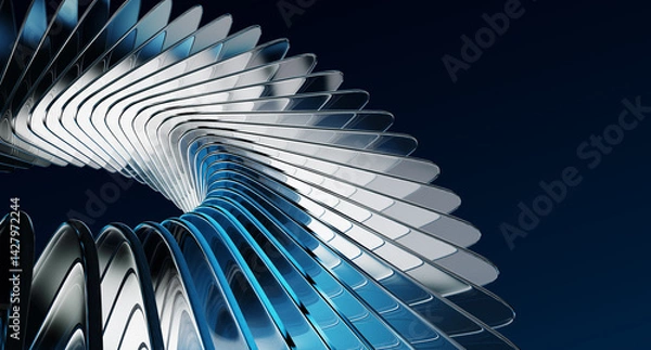 Fototapeta Abstract dark 3d background with glass curve wave effect of transparent square plates row. Crystal line pattern with blue gradient, light refraction, flare. Render digital tech banner. 3D illustration