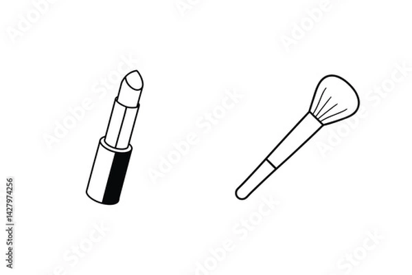 Fototapeta Minimalist Line Art Of Lipstick And Makeup Brush For Cosmetic Design