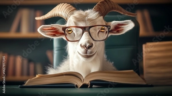 Fototapeta Goat wearing glasses is sitting in front of a book. The goat is smiling and he is enjoying the book. The scene is playful and lighthearted