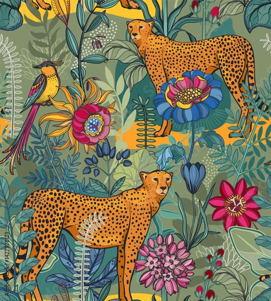 Fototapeta Vector seamless pattern with tropical plants and flowers, wild animals and birds