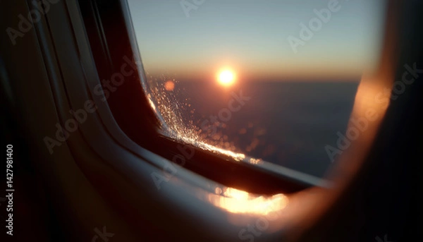 Fototapeta Sunrise light casting glow through a plane’s window.  Generative AI.

