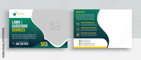 Fototapeta Lawn Mower Garden or Landscaping Service Postcard Template. Eddm Postcard Design, Event Card Design, Direct Mail Template, Invitation Design. leaflet, grass, equipment, gardener