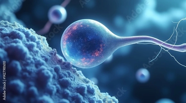 Fototapeta IVF and Egg concept, Close-up of a neuron synapse showcasing neurotransmitter release.