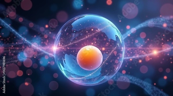 Fototapeta IVF and Egg concept, Vibrant depiction of an atom surrounded by colorful particles and energy waves.