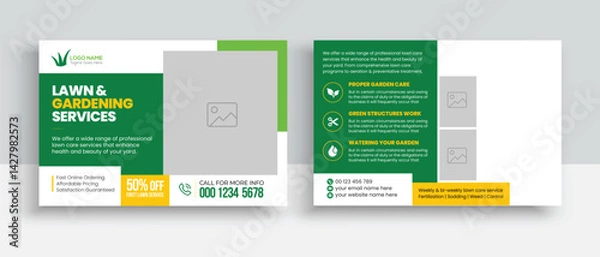 Fototapeta Lawn Mower Garden or Landscaping Service Postcard Template. Eddm Postcard Design, Event Card Design, Direct Mail Template, Invitation Design. leaflet, grass, equipment, gardener