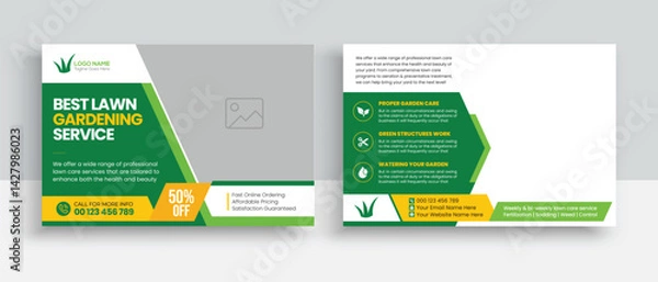Fototapeta Lawn Mower Garden or Landscaping Service Postcard Template. Eddm Postcard Design, Event Card Design, Direct Mail Template, Invitation Design. leaflet, grass, equipment, gardener