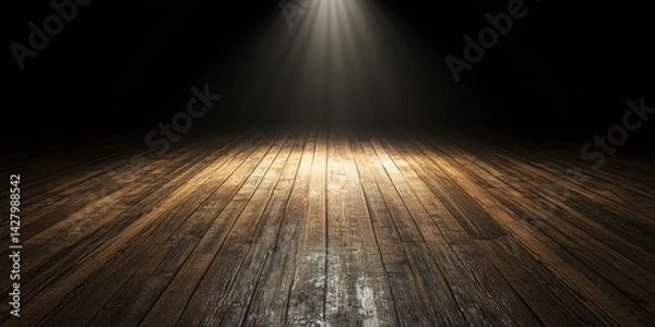 Fototapeta Dramatic Dark Background With Wooden Floor Under A Single Spotlight Illuminating The Empty Space For Unique Artwork Or Performance Presentations