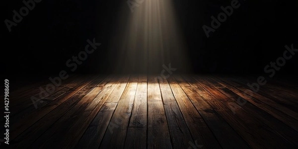 Fototapeta Dramatic Dark Background With Wooden Floor Under A Single Spotlight Illuminating The Empty Space For Unique Artwork Or Performance Presentations